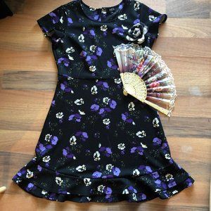 Black & Purple Floral Mini Dress with Ruffles